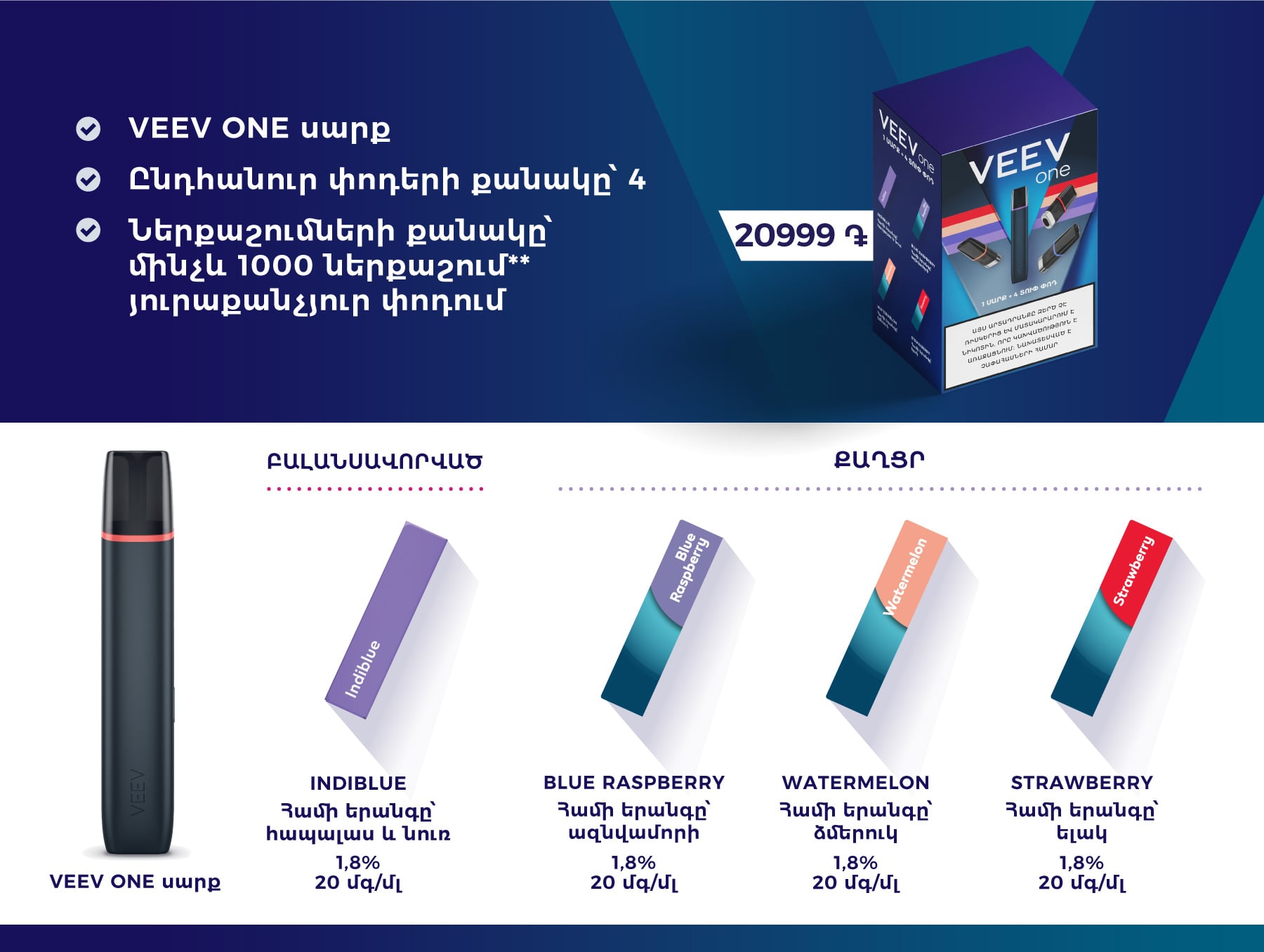 Իսկ երկրորդը ներառում է VEEV ONE սարք և 4 տուփ փոդ։